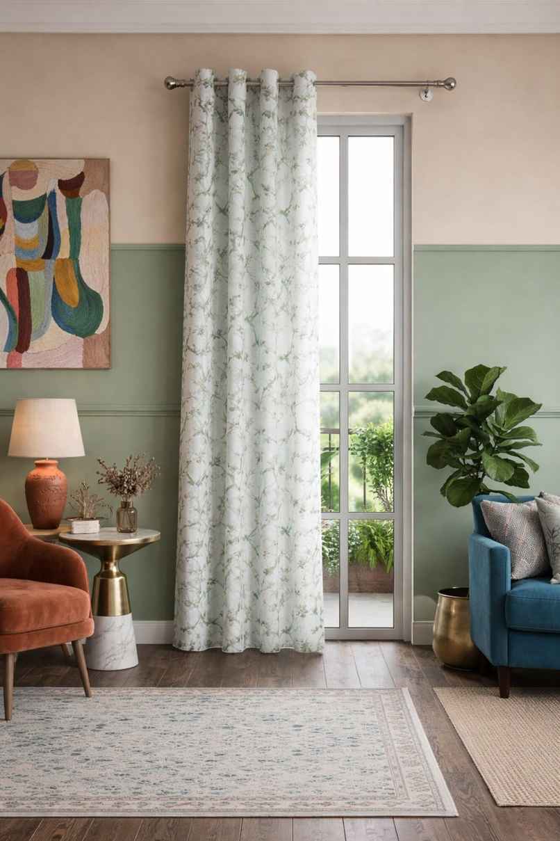 CasaCraft Pepperfry Door Curtain 7ft Floral Green Polyester Heavy Net Premium Eyelet Single Panel