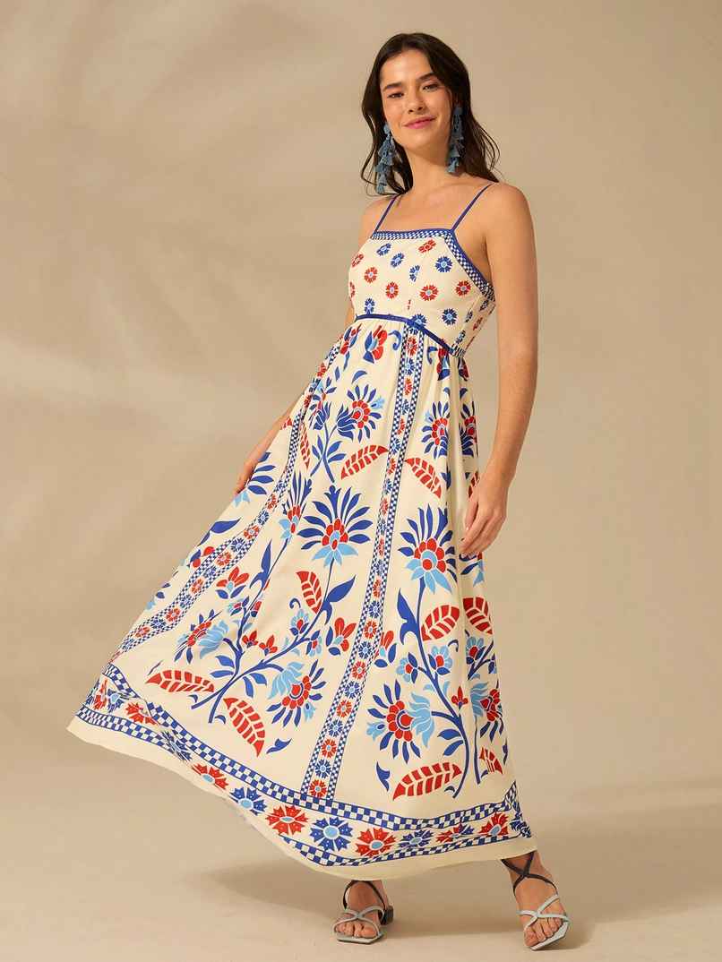 Sheetal Associates Women's Fit And Flare Maxi Full Length Dress | 12263 | Cream And Blue - S