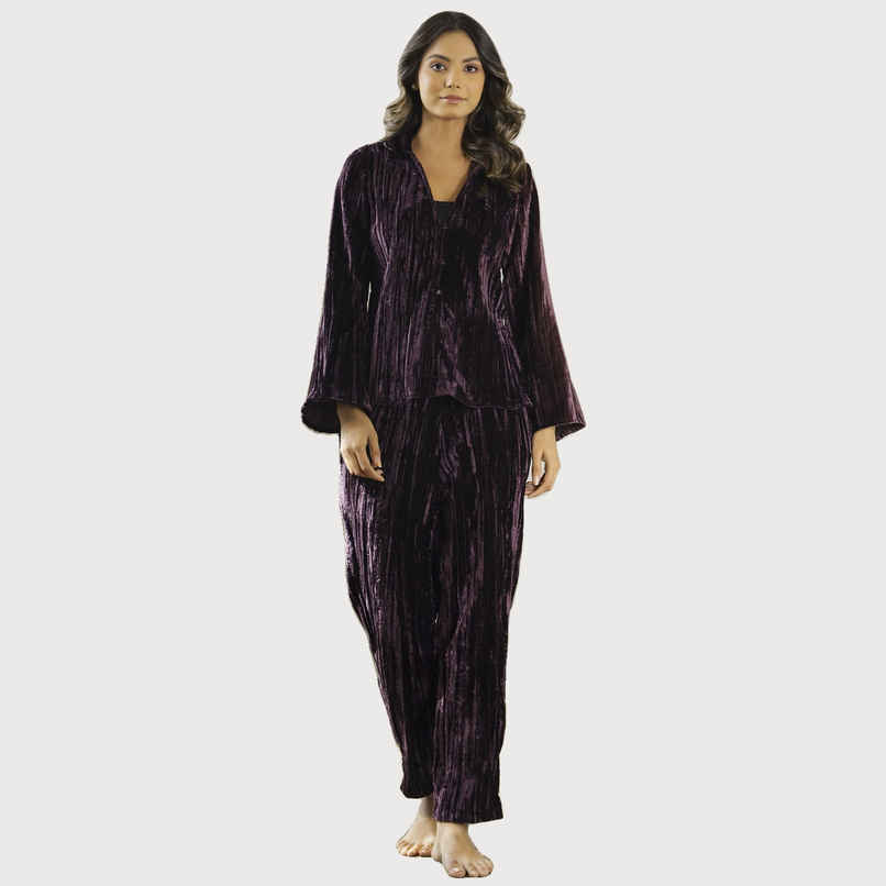 Sanskrutihomes Self Design Shirt Collar Night Suit | Violet | L