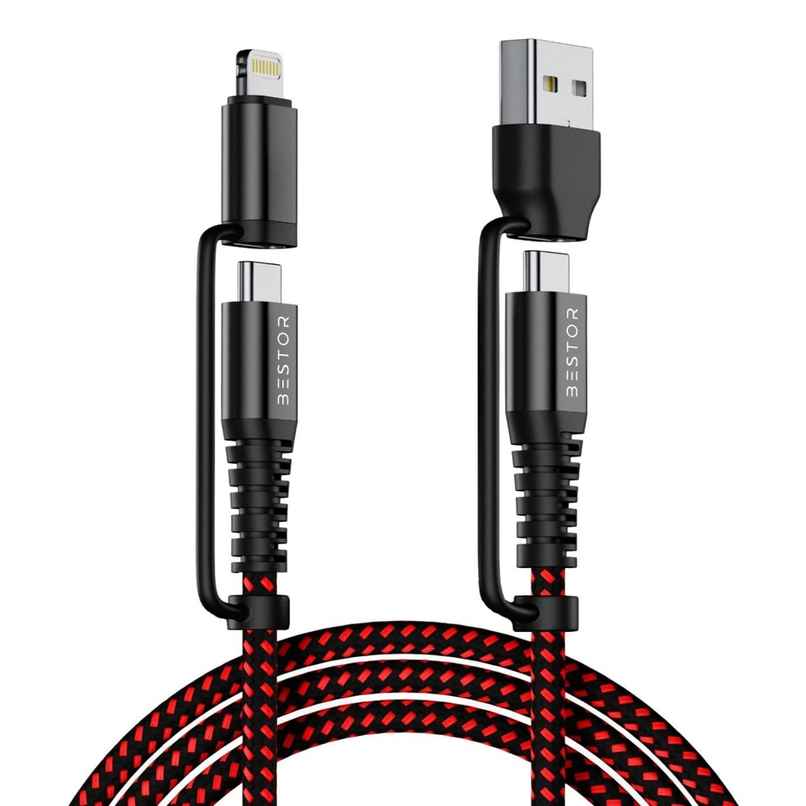 Bestor 4-In-1 Multi Fast Charging Cable 60W Nylon Braided Cord,3A USB A/C to Type C/Lightning Fast Sync Charger Adapter for Most Phones & Tablets (1.2 M) - Red & Black