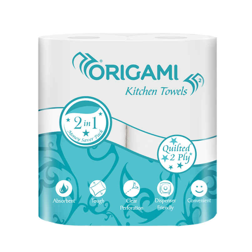 Origami 2Ply Kitchen Tissue Roll Super Absorbent & Tough Pack of 2, 60 Pulls Per Roll