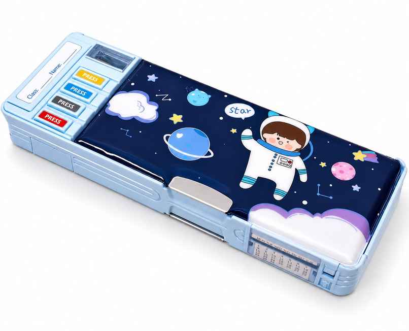 Toyshine Multi Compartment Button Operated Space Pencil Box with Pen Stand In-built For Kids - Blue Toyshine Multi Compartment Button Operated Space Pencil Box with Pen Stand In-built For Kids - Blue