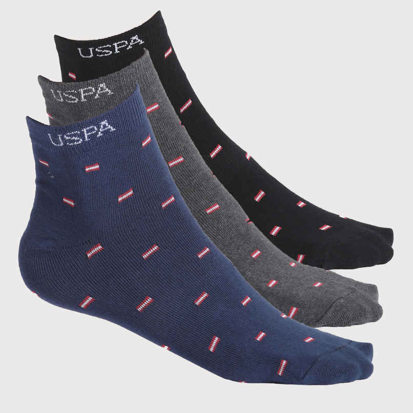 USPA Stretchable Ankle Socks For Men Cotton - Pack of 3 - Navy, Black and Grey - One Size