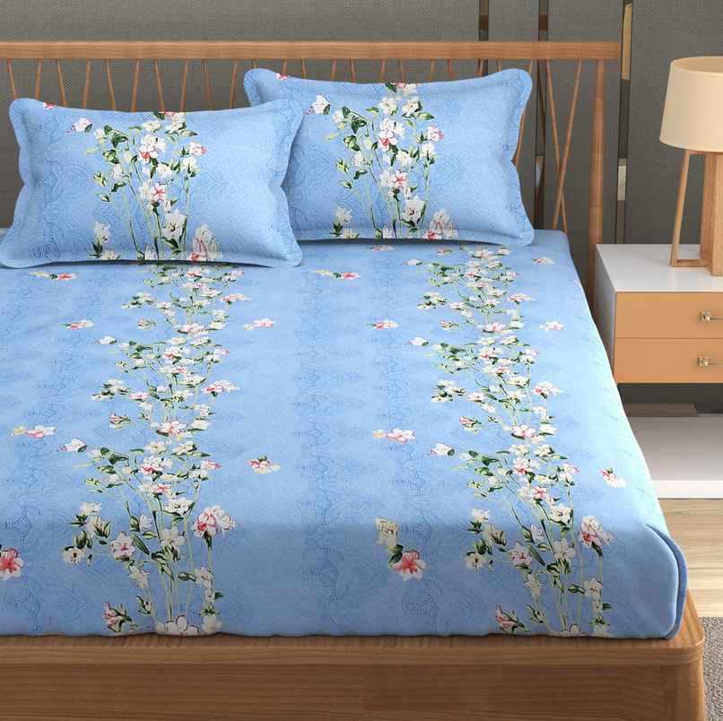Furnofy Fitted Double 140 Gsm Floral Bedsheet | With 2 Pillow Covers | Blue | 78 x 72 in