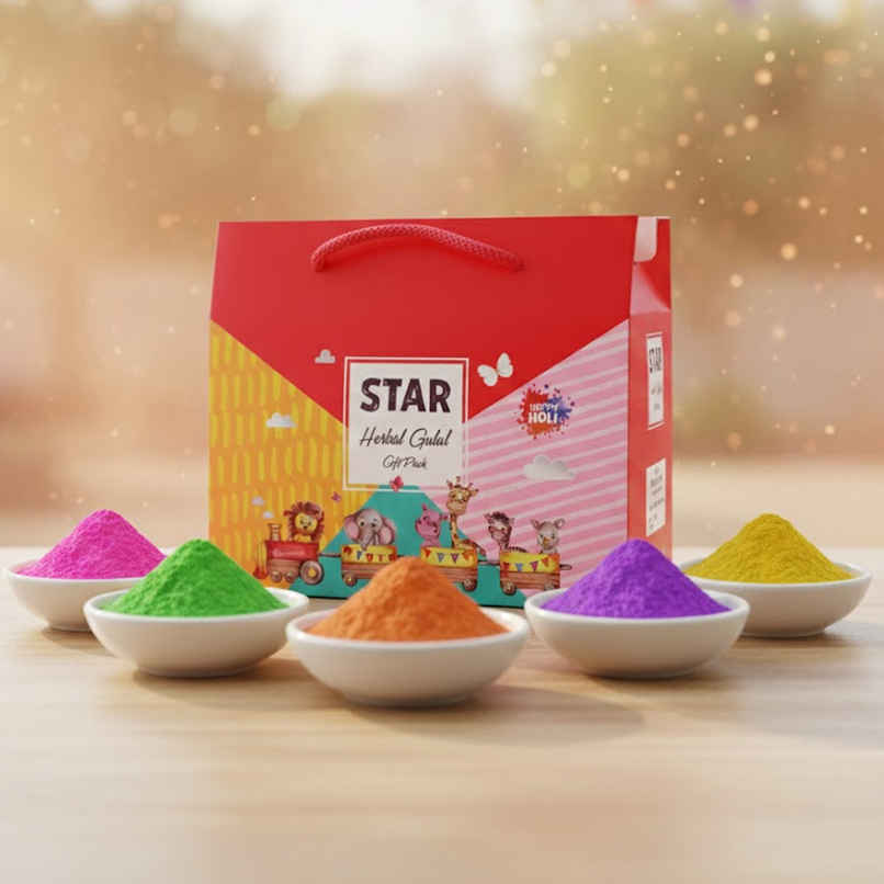 Holi Gulal Colors Combo | Pink | Green | Orange | Red | Yellow | Star