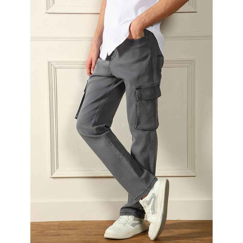 Dennis Lingo Men's Straight Fit Mid-Rise Dark Shade Cargo Jeans | DLMJNW23173 GR-32 | Grey - 32