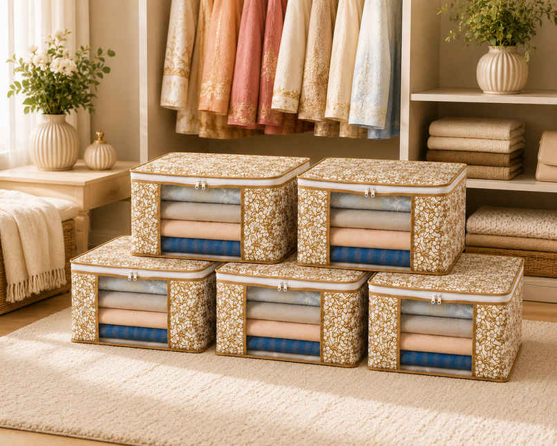 Perpetual Saree Organizer for Wardrobe | Foldable Saree Covers with Zip | Beige | Pack of 5 Perpetual Saree Organizer for Wardrobe | Foldable Saree Covers with Zip | Beige | Pack of 5