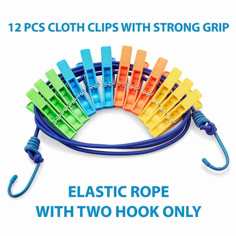 Jatin Elastic Rope | 70 inch With 2 Hooks + 12 pcs Cloth Pegs Jatin Elastic Rope | 70 inch With 2 Hooks + 12 pcs Cloth Pegs