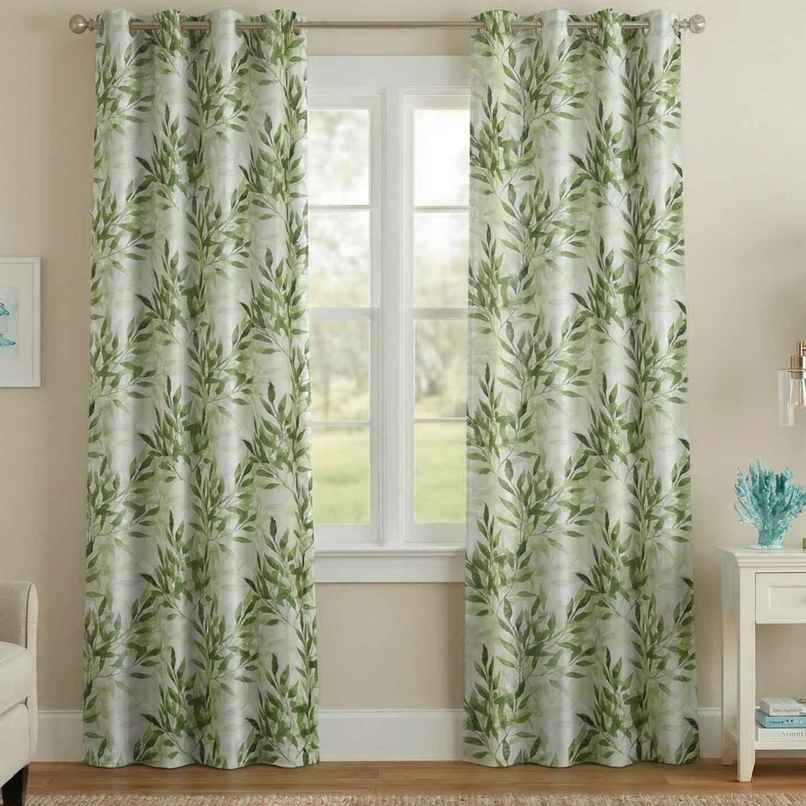Home Sizzler Floral Flow Grommet Polyester Door Curtain 7 Feet Leaf Green