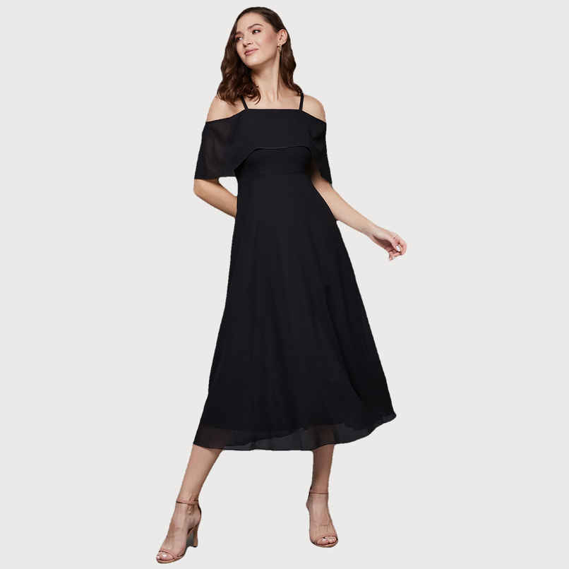 Miss Chase Women Bardot Style Sleeveless Spaghetti Strap Off Shoulder Midi Skater Dress | Black | S Miss Chase Women Bardot Style Sleeveless Spaghetti Strap Off Shoulder Midi Skater Dress | Black | S