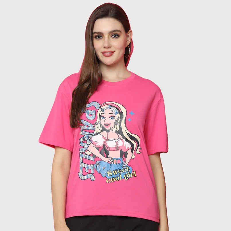 Fabflee Women Oversize Cotton Printed Round Neck Tshirt | Pink | FAB-OS-522 | M