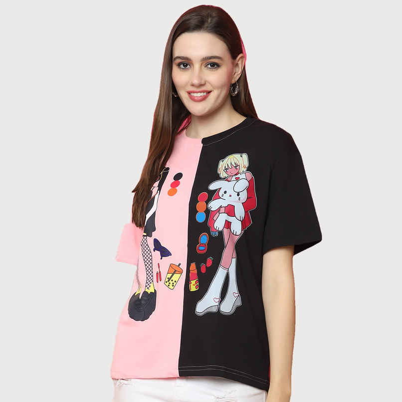 Fabflee Women Oversize Cotton Printed Round Neck Tshirt | Pink::Black | FAB-OS-527 | S