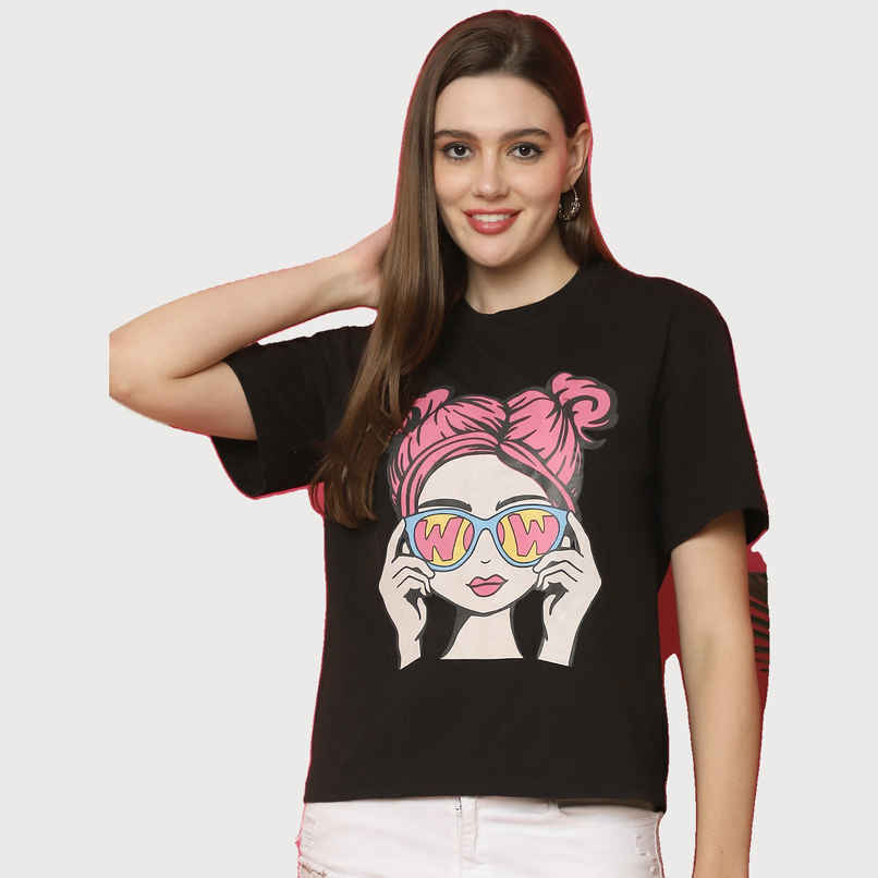 Fabflee Women Oversize Cotton Printed Round Neck Tshirt | Black | FAB-OS-523 | S Fabflee Women Oversize Cotton Printed Round Neck Tshirt | Black | FAB-OS-523 | S