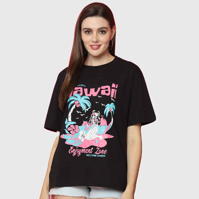 Fabflee Women Oversize Cotton Printed Round Neck Tshirt | Black | FAB-OS-531 | L