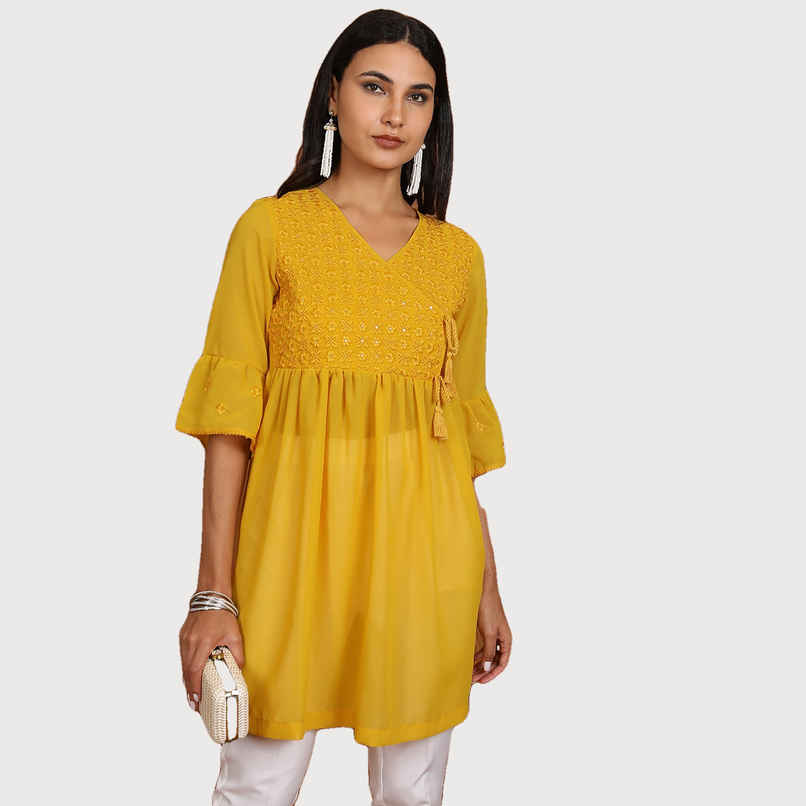 Ketch Women's Ethnic Motifs Embroidered V-Neck Bell Sleeve Pleated A-Line Kurti | Mustard | M