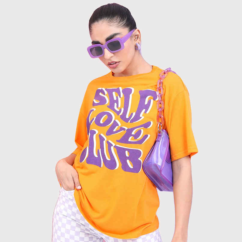 Tokyo Talkies Women's Typography Printed Oversized T-shirt | Yellow - M
