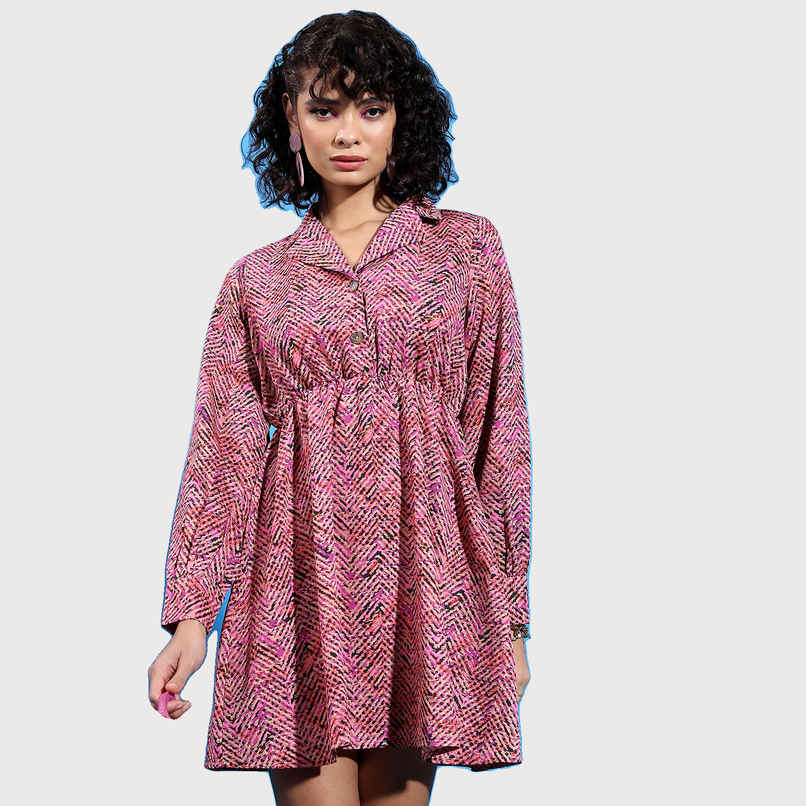 Ketch Women's Abstract Printed Gathered Lapel Collar Shirt Dress | Pink | L
