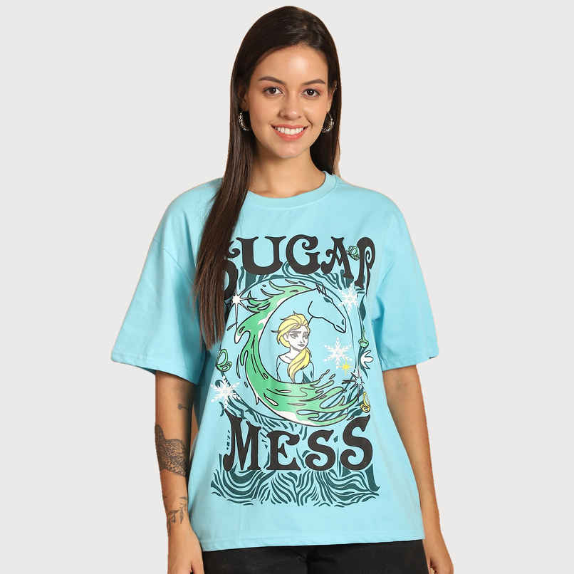 Fabflee Women Oversize Cotton Printed Round Neck Tshirt | Light Blue | FAB-OS-508 | L