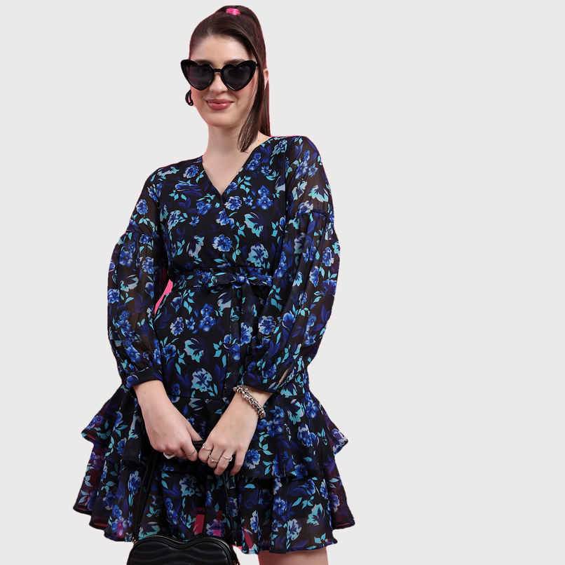 Ketch Women Blue & Black Floral Printed V-Neck Puff Sleeves Layered Fit & Flare Dress | Blue | M Ketch Women Blue & Black Floral Printed V-Neck Puff Sleeves Layered Fit & Flare Dress | Blue | M
