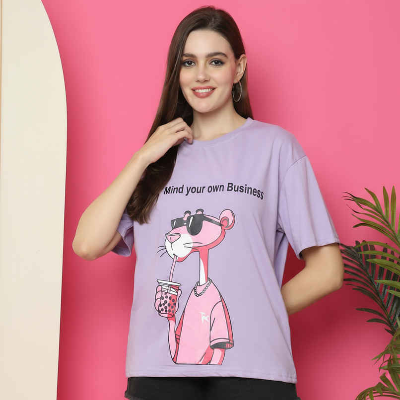 Fabflee Women Oversize Cotton Printed Round Neck Tshirt | Purple | FAB-OS-517 | M