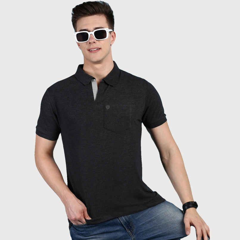 Lux Cozi Men's Solid Cotton Polo T-shirt with Pocket | Black Melange - S