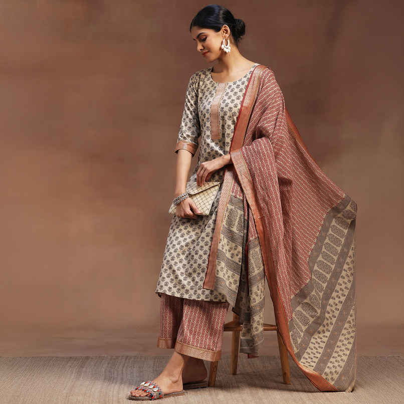 Libas Printed Cotton Straight Suit With Dupatta | 36671OH | Beige - M