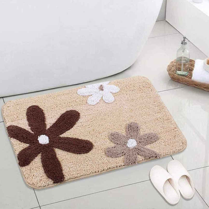 Saral Home Cotton Flower Print Anti-Slip Bathmat | Beige - 40 x 60 cm