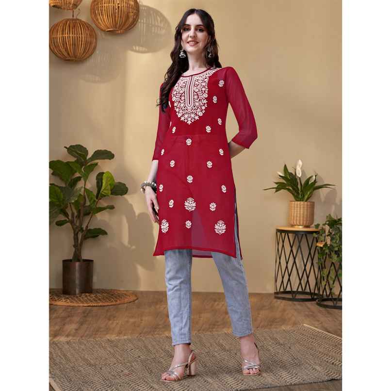 Youthnic Georgette Embroidered Embroidered Straight Short Kurti | B54 - Taara Maroon | M Youthnic Georgette Embroidered Embroidered Straight Short Kurti | B54 - Taara Maroon | M