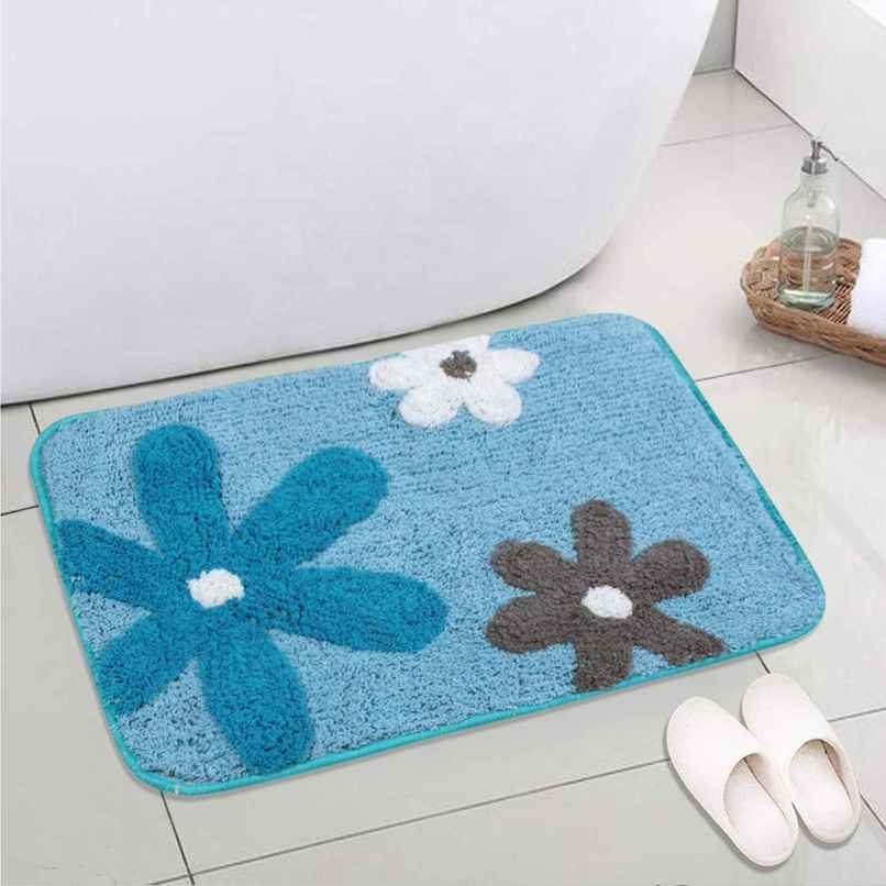 Saral Home Cotton Flower Print Anti-Slip Bathmat | 40 x 60 cm | Blue