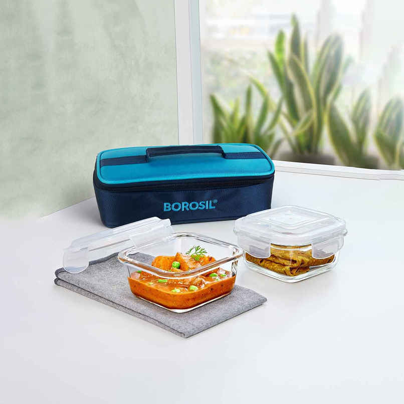 Borosil Alfa Lunchbox | 2 Pcs Glass Set | 320 ml x 2 Square Borosil Alfa Lunchbox | 2 Pcs Glass Set | 320 ml x 2 Square