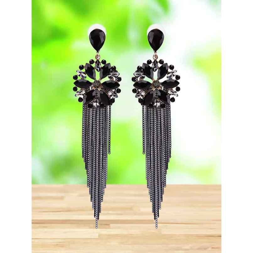 Youbella Crystal Tassel Handmade Earrings For Girls And Women (Black)(Ybear - 32836)