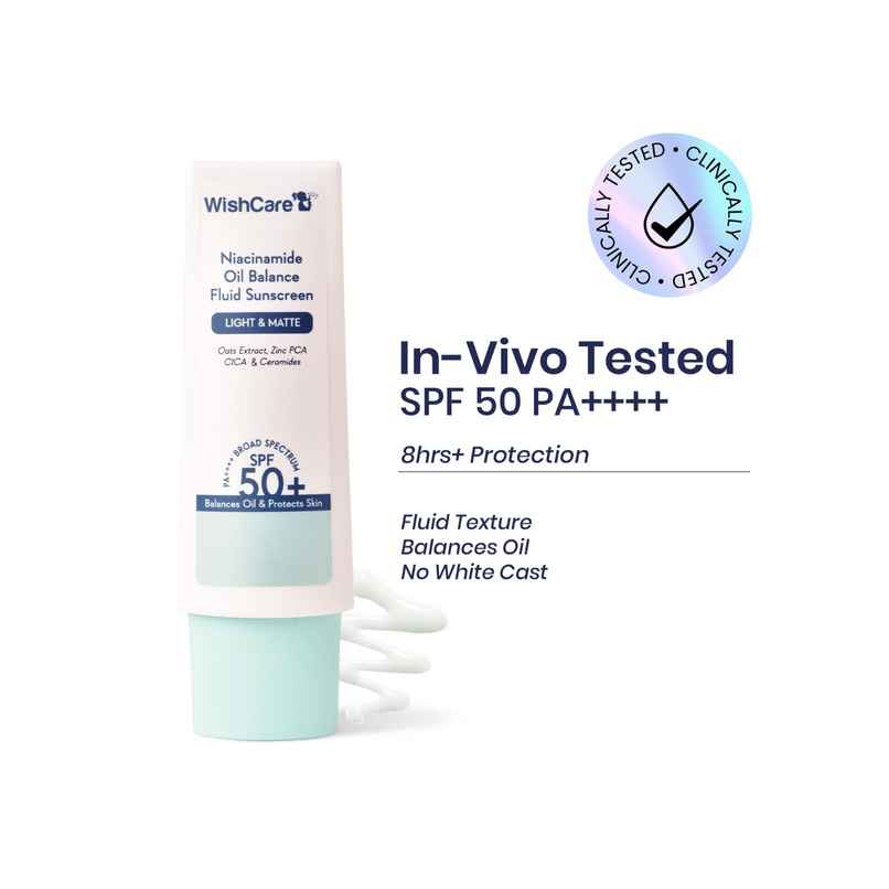 WishCare Niacinamide Oil Balance Fluid Sunscreen SPF 50 PA++++ | In-Vivo Tested | No White Cast