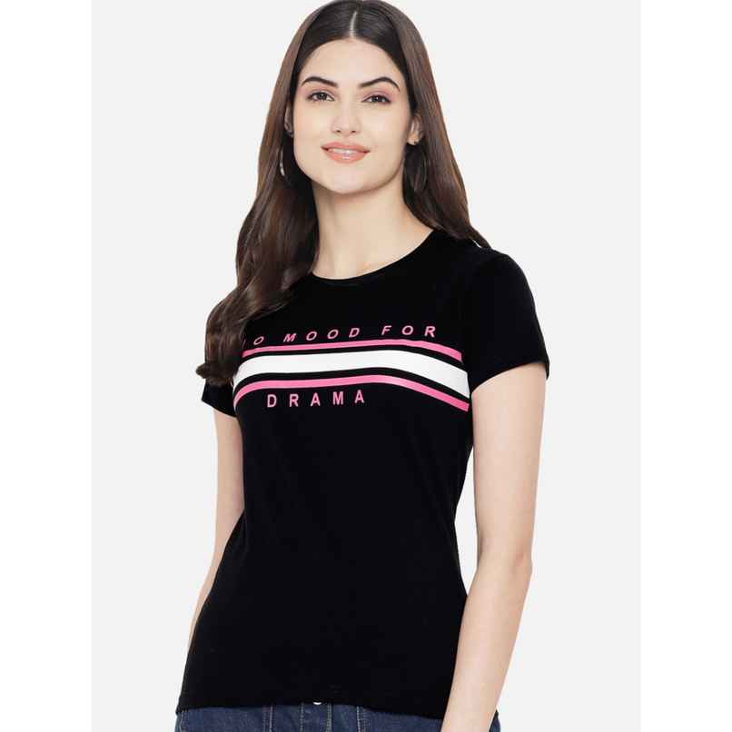 Fabflee Women Regular Cotton Printed Round Neck Tshirt | Black | FAB-WT-08 | M