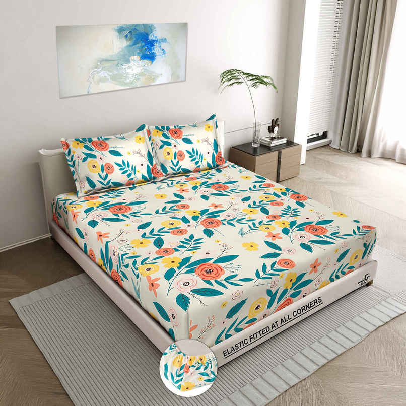 Status Imperial Corner Fitted Bedsheet | Coral Bloom & Teal | 198 x 182 cm