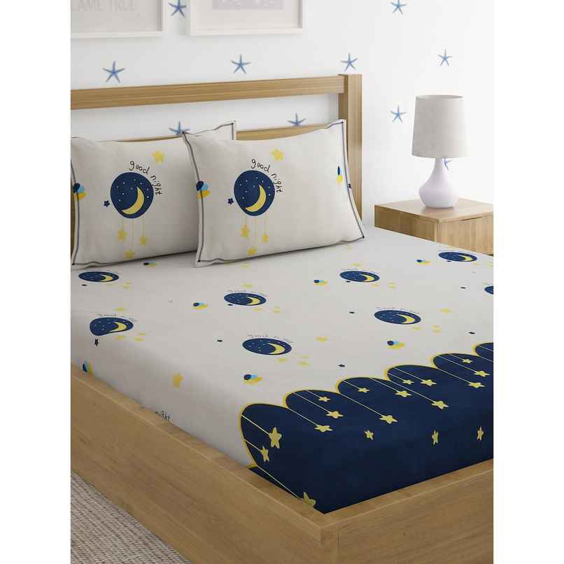 Hosta Homes Double Glaced Cotton 220 GSM Moon & Stars Bedsheet, 2 Pillow Covers | Blue | 90 x 100in