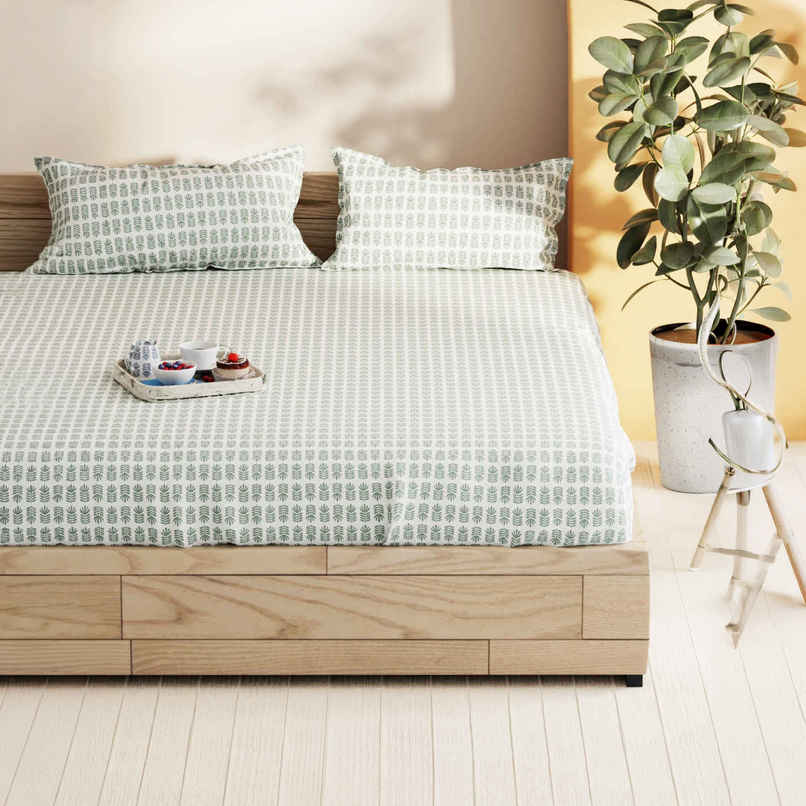 Bianca Soft 100% Natural Cotton Double Bedsheet With 2 Pillow Covers | Laquasa Floral | Green &Ecru Bianca Soft 100% Natural Cotton Double Bedsheet With 2 Pillow Covers | Laquasa Floral | Green &Ecru