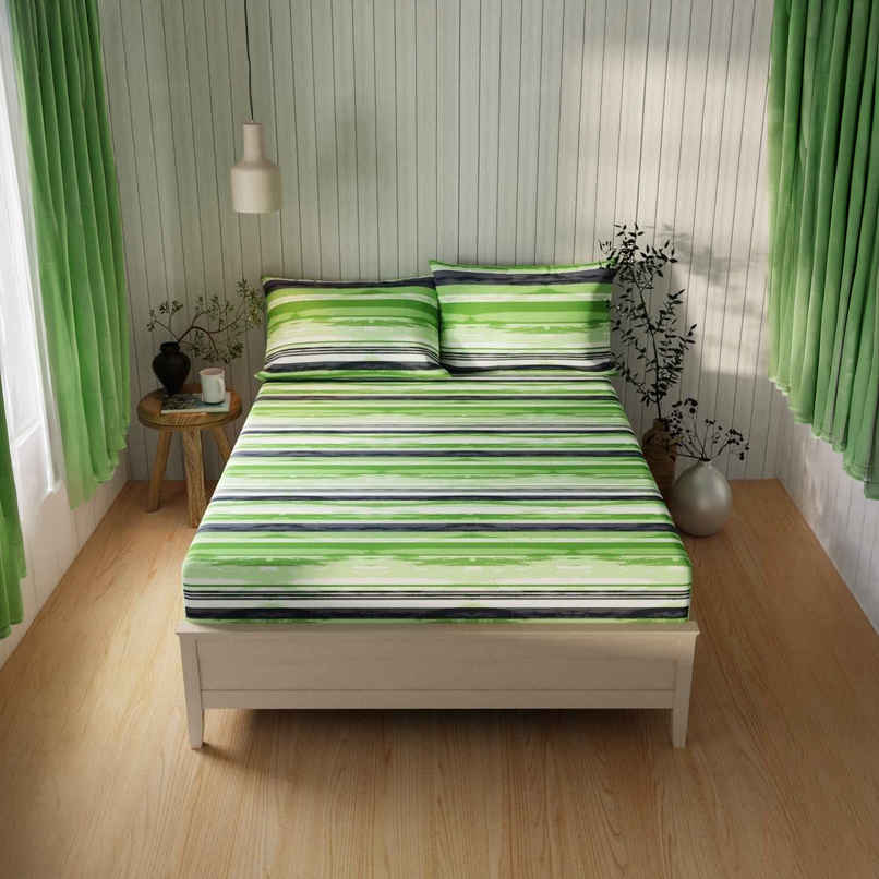 Kopa Extra Smooth Cotton Double Bedsheet With 2 Pillow Covers | Set of 3 | Stripe | Lime, Green