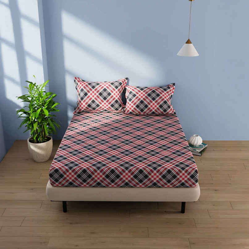 Bianca Cotton Double Bedsheet With 2 Pillow Covers 3pc Set | Serina Checks - Grey/Red