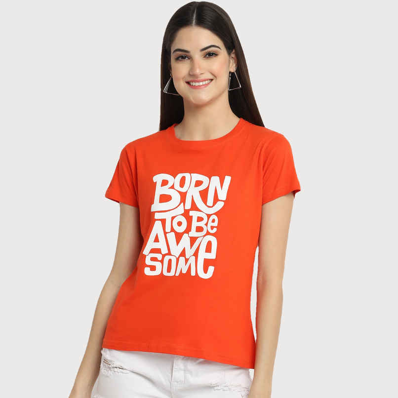 Fabflee Women Regular Cotton Printed Round Neck Tshirt | Orange | FAB-WT-44 | S