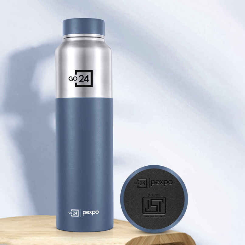 Pexpo Crown Stainless Steel Sports | Fridge Water Bottle | Silver-Denim Blue