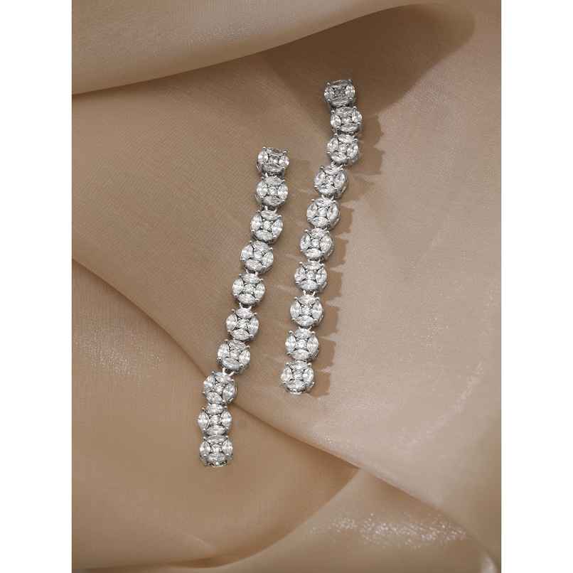 Rubans Rhodium Plated Silver Toned Cubic Zirconia Studded Contemporary Long Drop Earrings Rubans Rhodium Plated Silver Toned Cubic Zirconia Studded Contemporary Long Drop Earrings