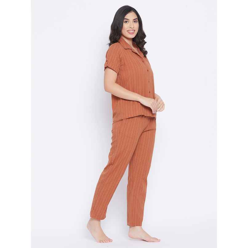 Clovia Women's Cotton Stripes Button Down Shirt & Pyjama Nightsuit| LS0385D06 | Brown | L Clovia Women's Cotton Stripes Button Down Shirt & Pyjama Nightsuit| LS0385D06 | Brown | L