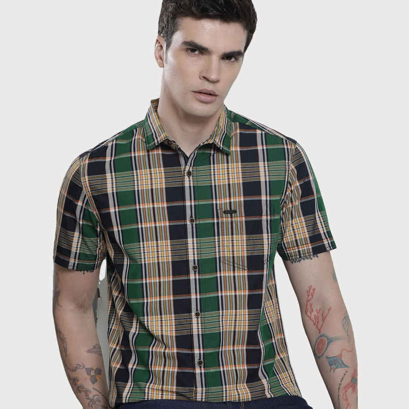 The Indian Garage Co Men's Slim Fit Checkered Casual Half Sleeve Shirt | Navy Blue - M