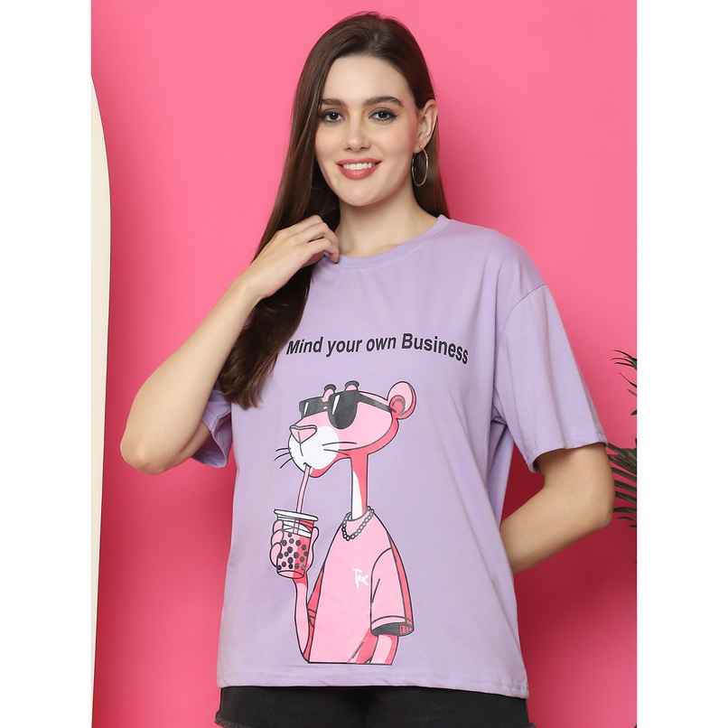 Fabflee Women Oversize Cotton Printed Round Neck Tshirt | Purple | FAB-OS-517 | L