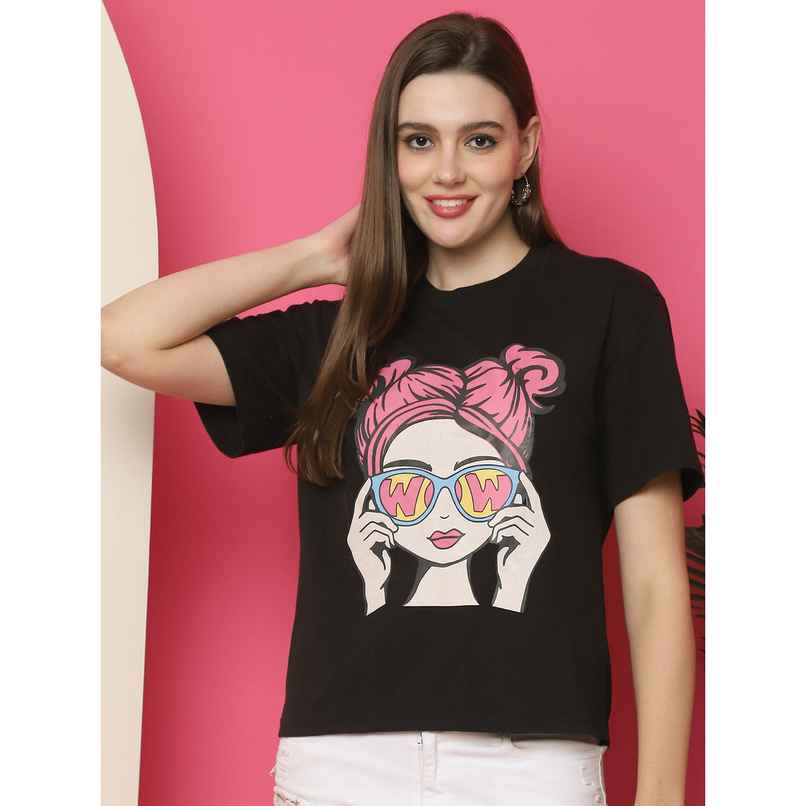 Fabflee Women Oversize Cotton Printed Round Neck Tshirt | Black | FAB-OS-523 | L