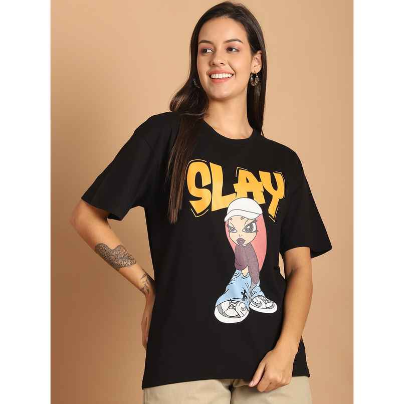 Fabflee Women Oversize Cotton Printed Round Neck Tshirt | Black | FAB-OS-501 | XL