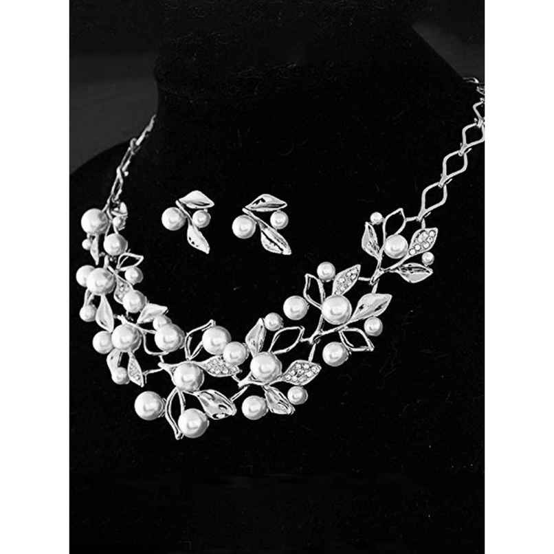 YouBella Silver Plated Pearl Studded Necklace with Earrings for Girls/Women (YBNK - 5677)