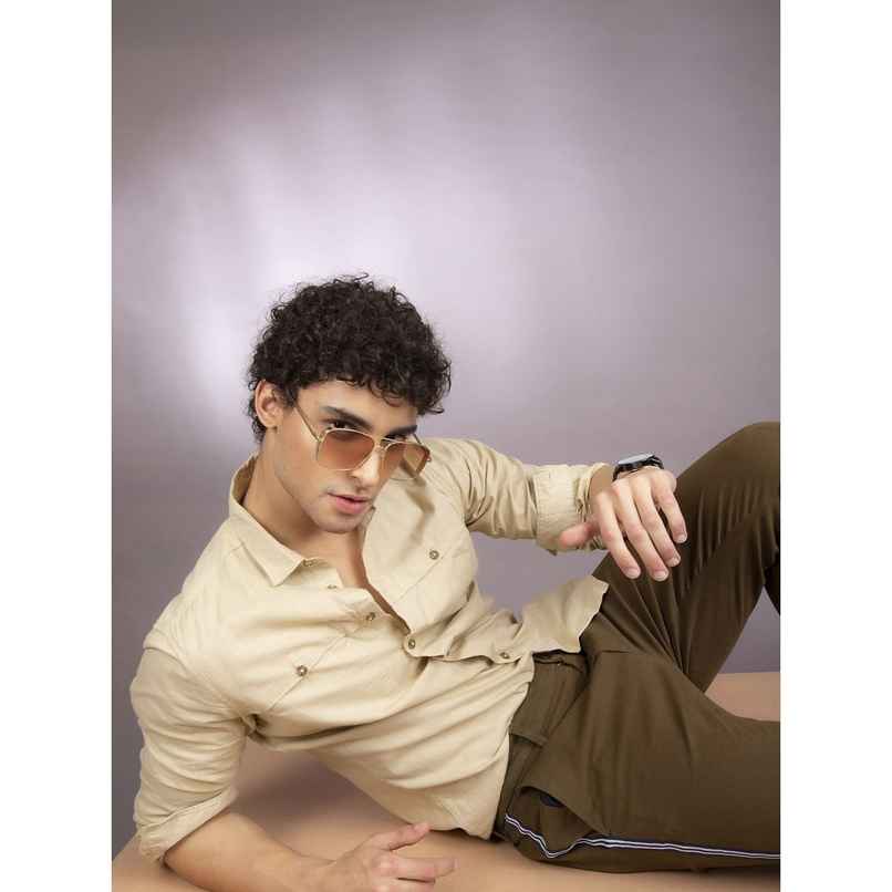 The Indian Garage Co Men's Slim Fit Solid Casual Shirt | Beige - L The Indian Garage Co Men's Slim Fit Solid Casual Shirt | Beige - L