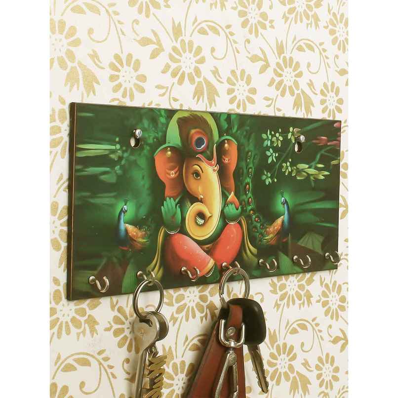 eCraftIndia Lord Ganesha With Peacock Designer Wooden Key Holder With 7 Hooks For Wall eCraftIndia Lord Ganesha With Peacock Designer Wooden Key Holder With 7 Hooks For Wall