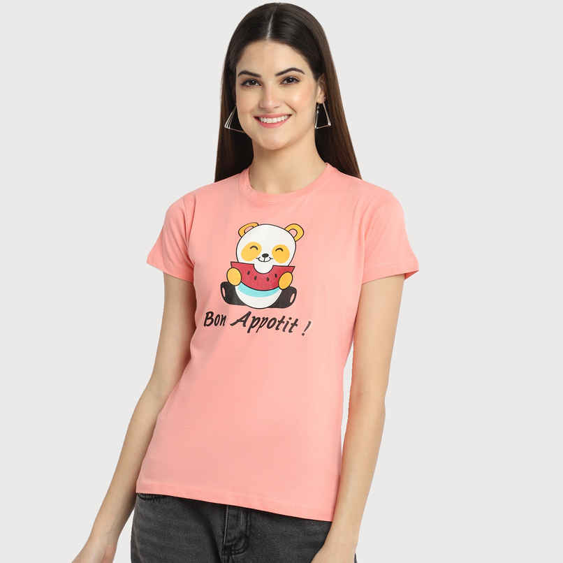 Fabflee Women Regular Cotton Printed Round Neck Tshirt | Peach | FAB-WT-36 | S